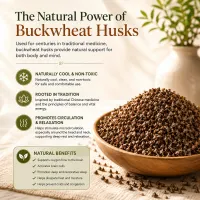 Bowl of natural buckwheat hulls beside a description of the filling