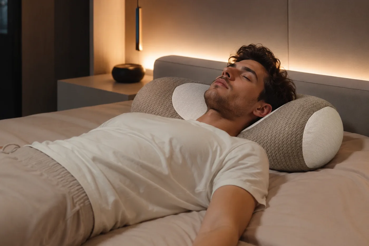 Man asleep on his back with the cylindrical HuskRest pillow tucked under the curve of his neck, head resting close to the mattress